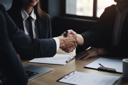 Business people shaking hands, finishing up a meeting. Generative AIの素材