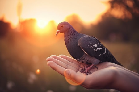 praying and free bird enjoying nature on sunset background, hope concept. Generative AIの素材