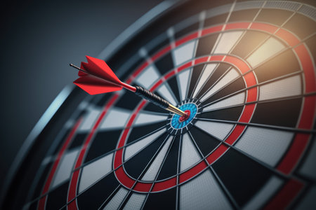 Dart board and arrow in middle. Business and success concept. Achievement and target theme. Orange sun light effect. High contrast tone. Generative AIの素材