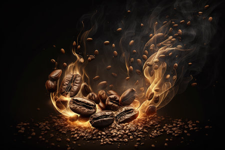 Coffee beans fall in smoke on a black background. Roasting coffee.Generative AIの素材