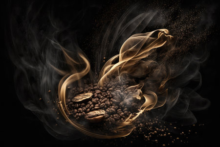Coffee beans fall in smoke on a black background. Roasting coffee.Generative AIの素材