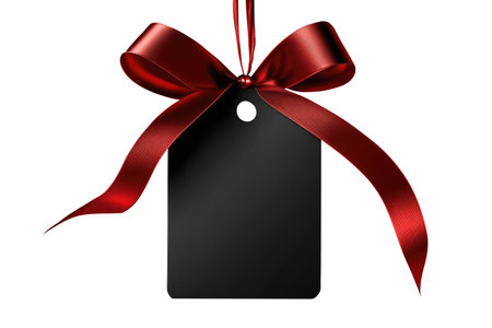 Blank black gift tag with red satin ribbon on white background. Generative AIの素材