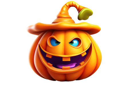 Halloween pumpkin wearing witch hat isolated. Generative AIの素材