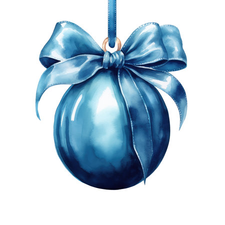 blue watercolor Christmas ball with ribbon and a bow, isolated on background. Generative AIの素材