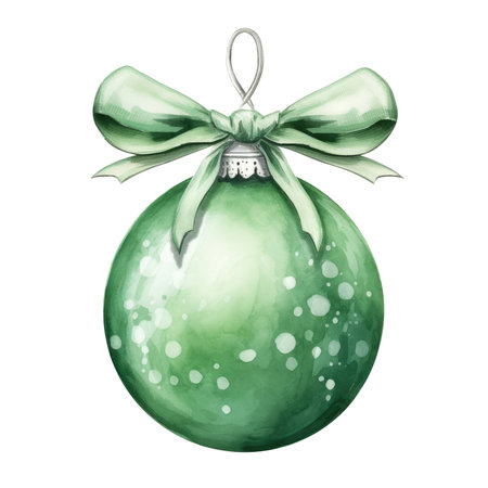 green watercolor Christmas ball with ribbon and a bow, isolated on background. Generative AIの素材
