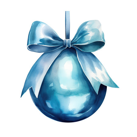 blue watercolor Christmas ball with ribbon and a bow, isolated on background. Generative AIの素材