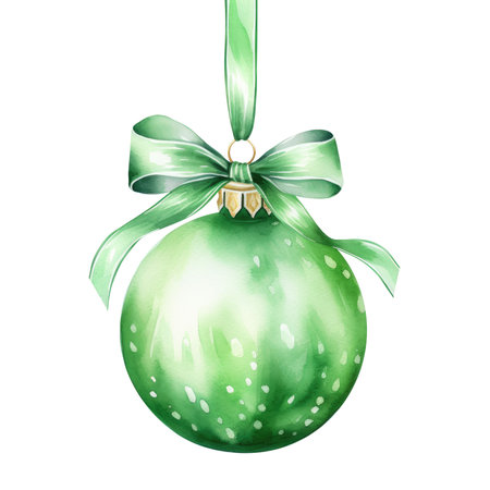 green watercolor Christmas ball with ribbon and a bow, isolated on background. Generative AIの素材