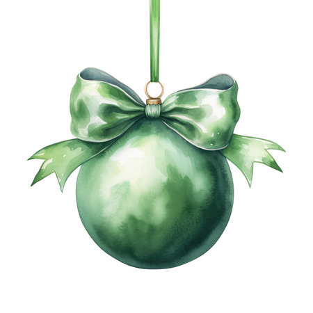green watercolor Christmas ball with ribbon and a bow, isolated on background. Generative AIの素材