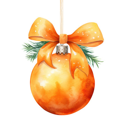 orange watercolor Christmas ball with ribbon and a bow, isolated on background. Generative AI.の素材