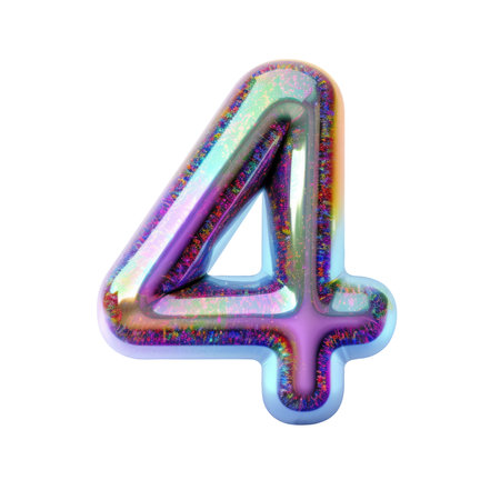 Hologram metallic number 4 balloon Realistic 3D on white background. Generative AIの素材