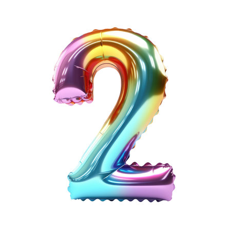 Hologram metallic number 2 balloon Realistic 3D on white background. Generative AIの素材