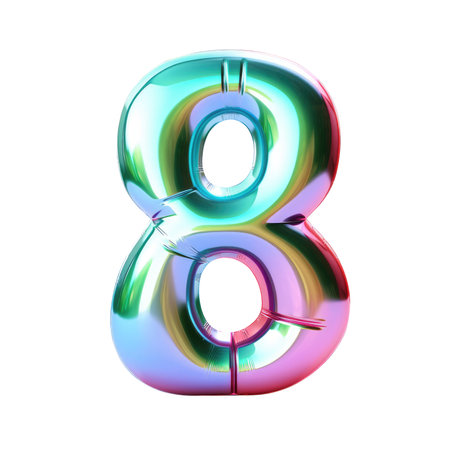 Hologram metallic number 8 balloon Realistic 3D on white background. Generative AIの素材