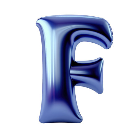 Indigo metallic F alphabet balloon Realistic 3D on white background.の素材