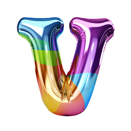 Rainbow metallic Alphabet V balloon Realistic 3D on white background. Generative AIの素材