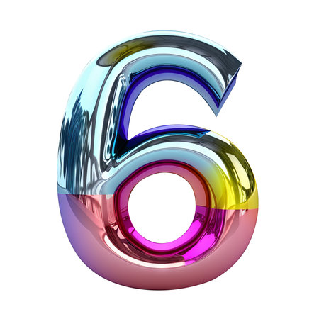 Rainbow metallic number 6 balloon Realistic 3D on white background. Generative AIの素材