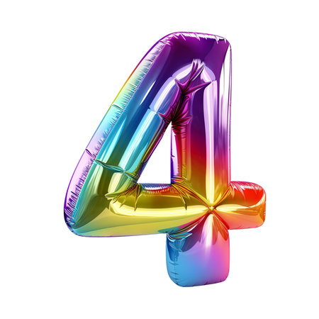 Rainbow metallic number 4 balloon Realistic 3D on white background. Generative AIの素材