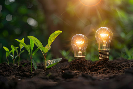 brain glowing of light bulb and light bokeh background. Creative and inspiration.Innovative technology.Energy and environmental concepts. generative aiの素材