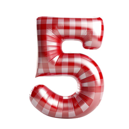 Red gingham metallic 5 number balloon Realistic 3D on white background. Generative aiの素材