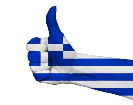 Hand with thumb up painted in colors of Greece flag isolated on white backgroundの写真素材