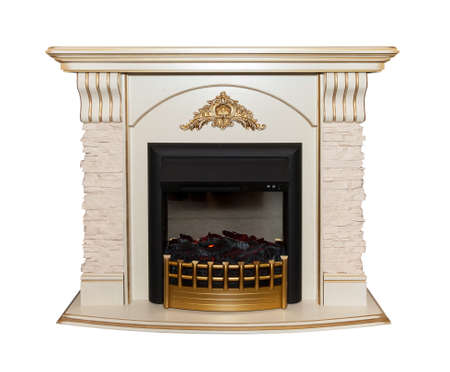 White artificial fireplace isolated on white backgroundの写真素材