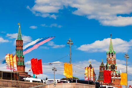 MOSCOW, RUSSIA - MAY 7, 2016: Avia parade in Moscow. Group of Russian fighters Sukhoi Su-25 with painted russian flag in the sky on parade of Victory in World War II in Moscow, Russiaのeditorial素材
