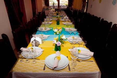 Table setting in restaurant interior. Birthday celebrationの写真素材