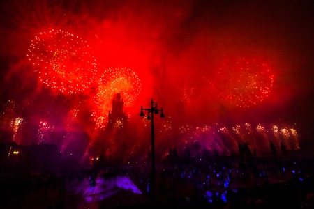 Moscow, Russia - September, 2016: Moscow International Festival Circle of light. Pyrotechnic fireworks show on Moscow State Universityのeditorial素材