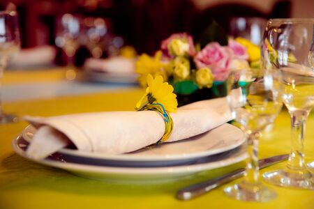 Table setting in restaurant interior. Birthday celebrationの写真素材
