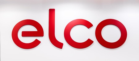 Moscow, Russia - February, 2016: Elco company logo. Plastic red letters on the white wall. Elco is...