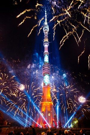 International Festival "Circle of Light". Laser video mapping show on Ostankino TV tower in Moscow, Russia. 3D projection mapping on building and firework showのeditorial素材
