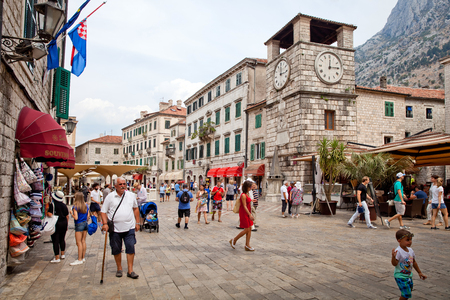 Kotor, Montenegro - August, 2016: St. Luke's Church on St. Luke's square with tourists walkingin Kotor old town.のeditorial素材