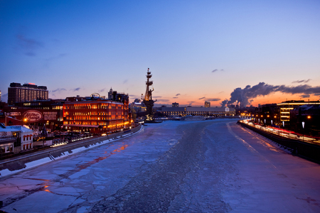 Moscow night city view with Red October factory, Saint Peter Monument and President Hotelのeditorial素材