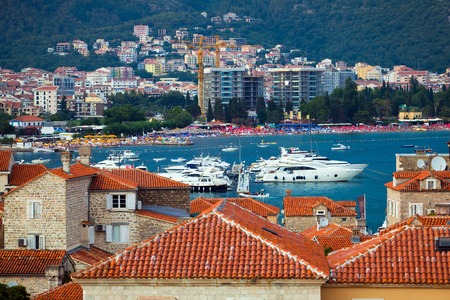 Marina in Budva city with yachts anÐ² ships in Montenegroのeditorial素材