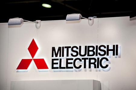 Mitsubishi Electric company logo on the wall. Mitsubishi Group Japanese multinational companies in a variety of industriesのeditorial素材