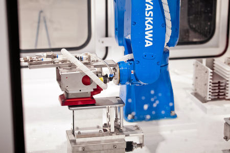 Yaskawa industrial robot hands in manufacturing industry on exhibition Cebit 2017 in Hannover Messe, Germanyのeditorial素材