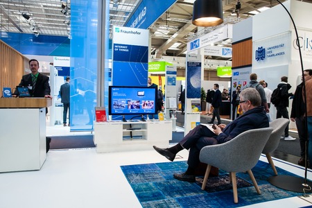 Hannover, Germany - March, 2017: Fraunhofer company stand on exhibition fair Cebit 2017 in Hannover Messe, Germany. Fraunhofer researchers in Urban living and Internet of thingsのeditorial素材