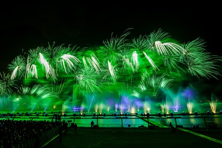 Moscow, Russia - September, 2016: Moscow International Festival Circle of light. Firework show on Moscow rowing basinのeditorial素材