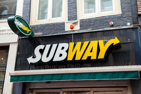 Logo sign on the wall of Subway food restaurantのeditorial素材