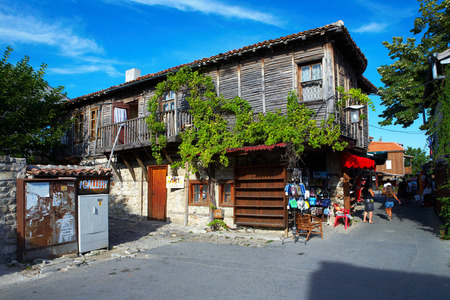 Nessebar, Bulgaria - July, 2009: Traditional house, typical street in Nessebar city, Bulgariaのeditorial素材