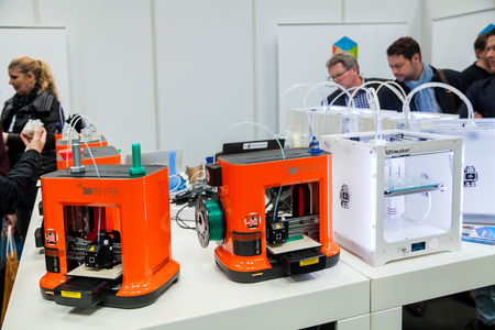 Hannover, Germany - March, 2017: 3d printer Da Vinchi mini printing close up process on exhibition Cebit 2017 in Hannover Messe, Germanyのeditorial素材