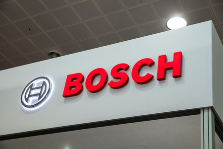 Hannover, Germany - March, 2017: Bosch company logo on the wall. Bosch is a German multinational engineering and electronics companyのeditorial素材
