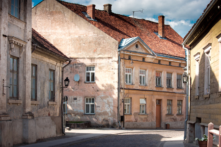 Typical houses in latvian city Kuldiga. Street architecture panorama. Kuldiga is a small town in western Latviaの写真素材