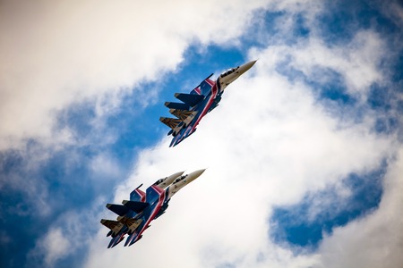 Moscow, Russia - August, 2015: The Russian Knights aerobatic demonstration team of the Russian Air...