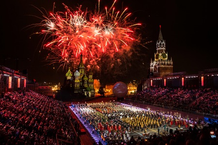 Moscow, Russia - August, 2017: Firework pyrotechnic show on International Military Tattoo Music Festival "Spasskaya Tower" in Moscow, Russiaのeditorial素材