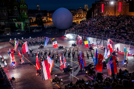 Moscow, Russia - August, 2017: Ceremony of opening International Military Tattoo Music Festival "Spasskaya Tower" in Moscow, Russiaのeditorial素材