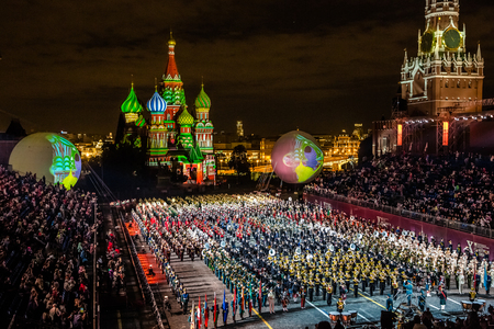 Moscow, Russia - August, 2017: All participants together on International Military Tattoo Music Festival "Spasskaya Tower" in Moscow, Russiaのeditorial素材