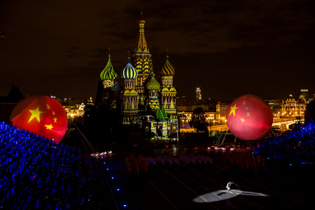 Moscow, Russia - August, 2017: Performance of China Taoiston monks from Wudangshan on International Military Tattoo Music Festival "Spasskaya Tower" in Moscow, Russiaのeditorial素材
