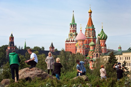 Moscow Kremlin and St. Basils Cathedral view in new Zaryadye Park, urban park located near Red Square in Moscow, Russiaのeditorial素材