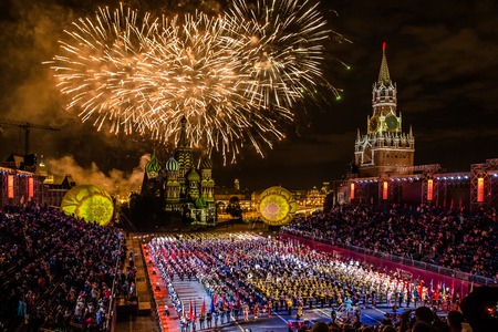 Firework pyrotechnic show on International Military Tattoo Music Festival âSpasskaya Towerâ in Moscow, Russiaのeditorial素材