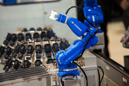 Yaskawa industrial robot hands in manufacturing industry on exhibition Cebit 2017 in Hannover Messe, Germanyのeditorial素材